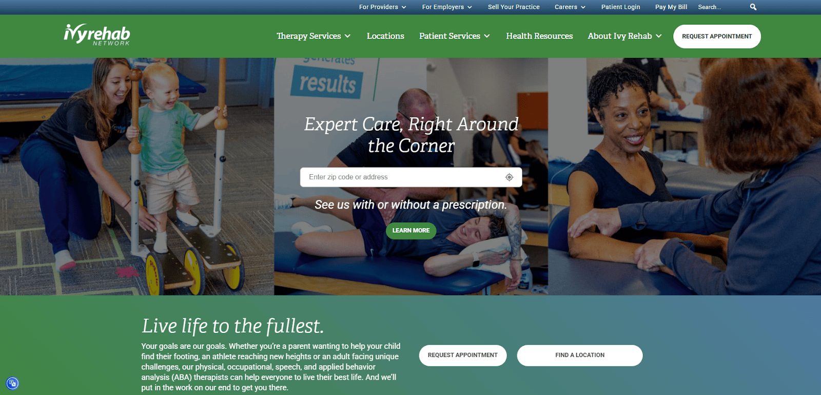 Ivy Rehab Network homepage showing diverse therapists assisting patients in physical therapy sessions, with search and appointment options, and navigation menu for services.