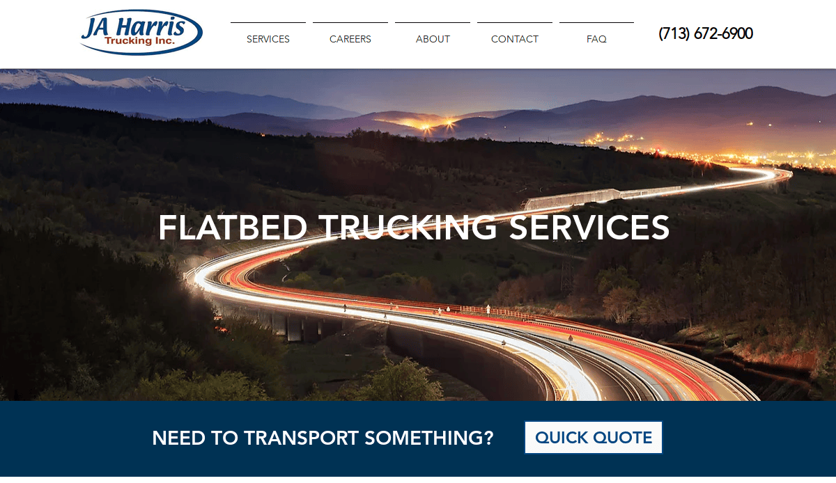 A website homepage for JA Harris Trucking Inc. features a scenic view of a highway at dusk with light trails from vehicles. The text Flatbed Trucking Services is displayed over the image.