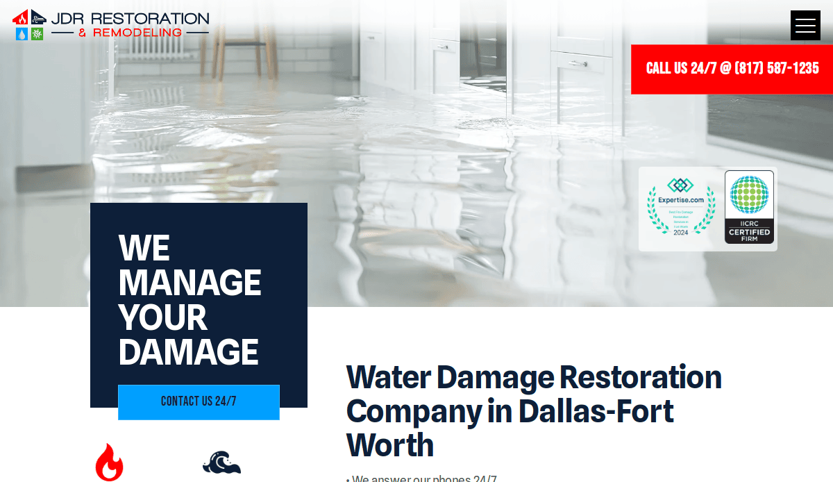 A flooded modern kitchen with water covering the floor. The text reads, “We manage your damage. Water Damage Restoration Company in Dallas-Fort Worth.” Emergency contact info is displayed at the top right.