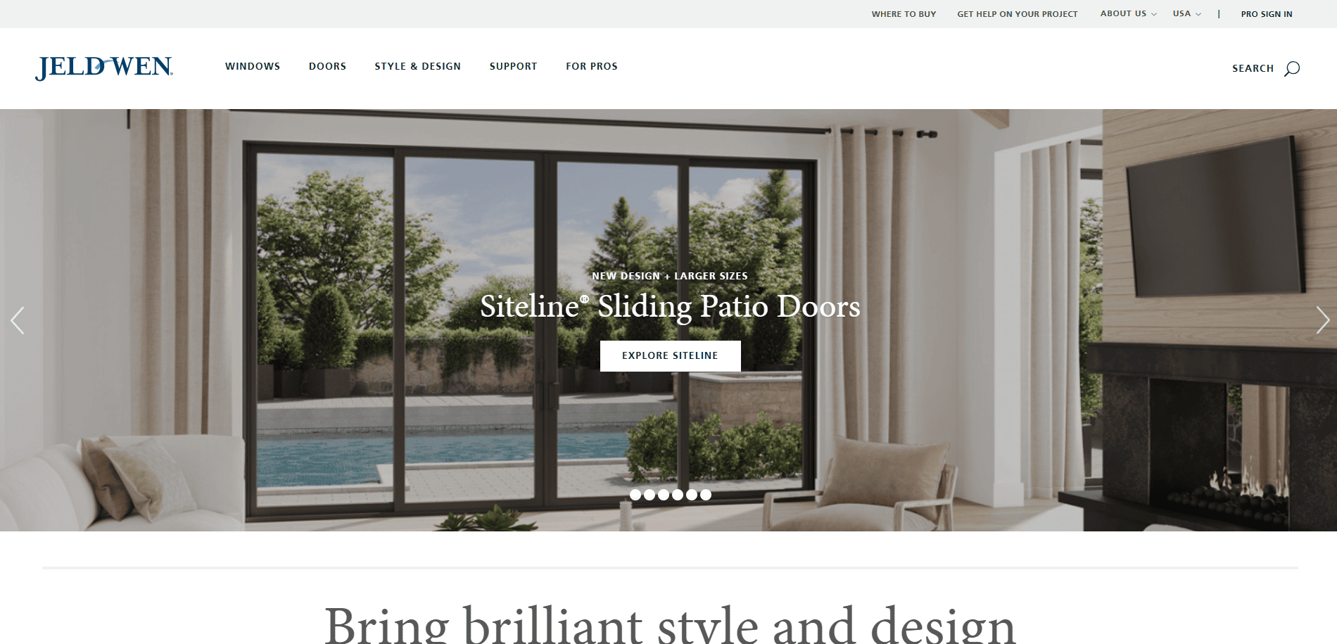 A modern living room with large glass sliding patio doors opening to a pool area, lush greenery outside, and text promoting JELD-WEN’s Siteline Sliding Patio Doors. White furniture and neutral decor are visible inside.