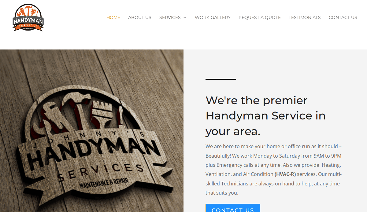 Screenshot of a handyman service website. The left side shows a wooden logo reading Handyman Services Maintenance & Repair. The right side highlights their HVAC services, hours, and a blue Contact Us button.