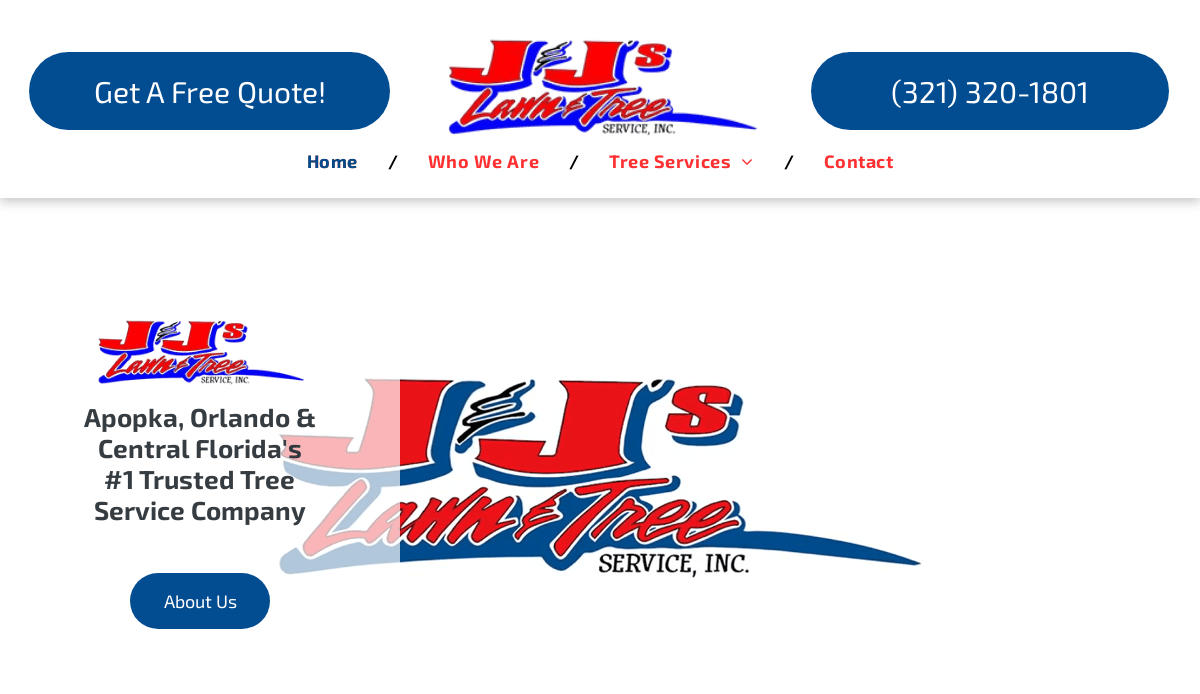 Screenshot of JJ’s Lawn & Tree Service website with a blue “Get A Free Quote!” button, phone number, navigation menu, and company logo. Text highlights them as Central Florida’s #1 trusted tree service company.