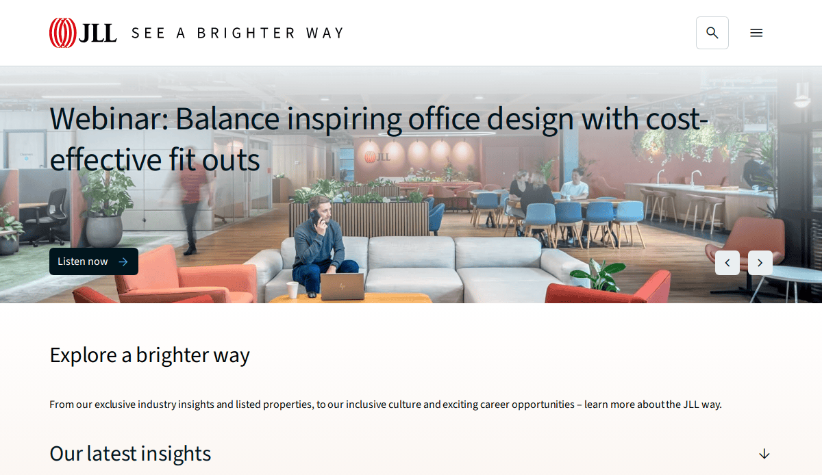 JLL website homepage showing a webinar banner about inspiring office design with cost-effective fit outs, featuring a modern office space with people working and chatting in a bright, open area.