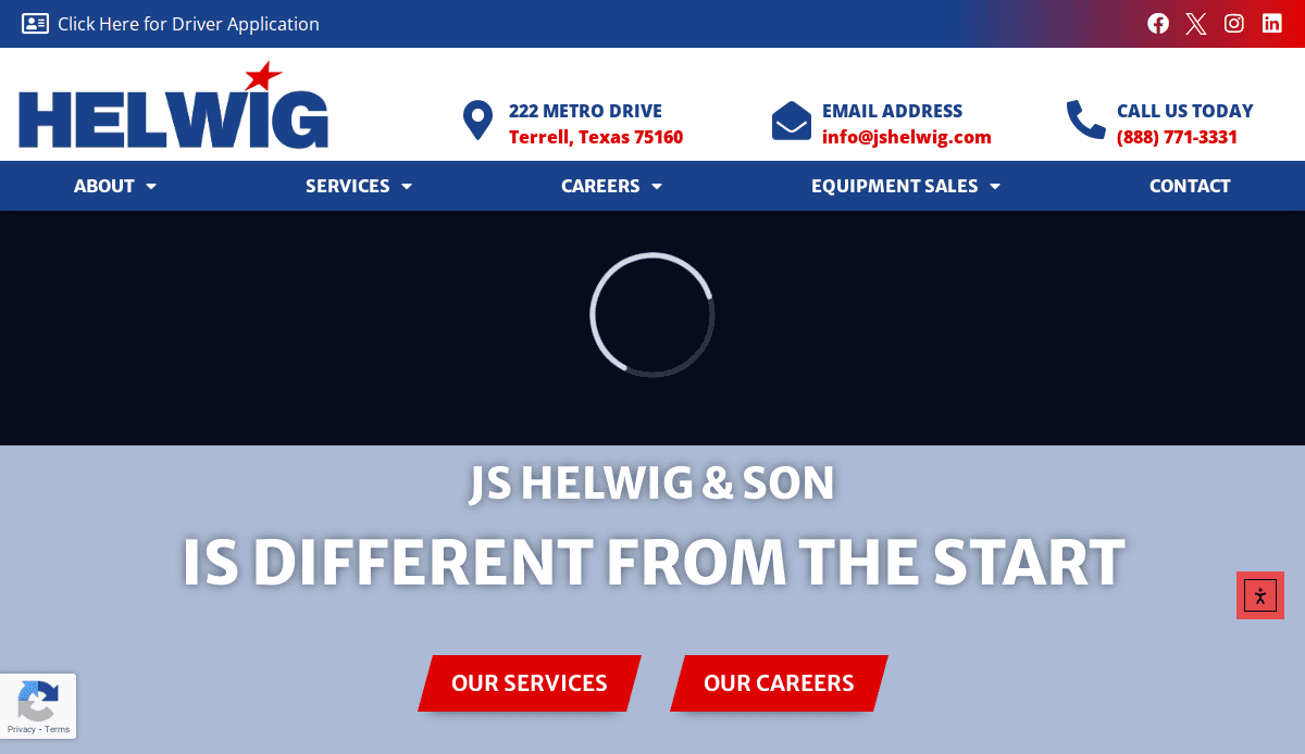 Screenshot of the JS Helwig & Son website homepage featuring contact details, navigation menu, the logo, and bold text stating IS DIFFERENT FROM THE START above red buttons for services and careers.