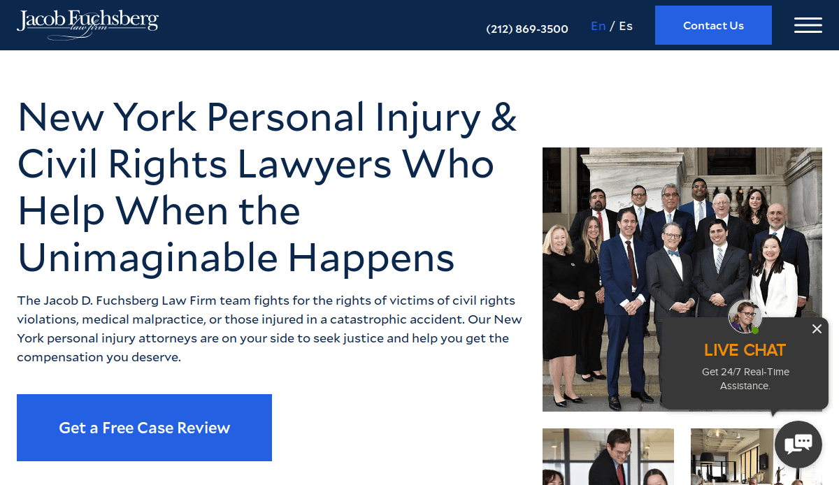 Screenshot of a law firms website. The headline reads, New York Personal Injury & Civil Rights Lawyers Who Help When the Unimaginable Happens. A group photo of the legal team is shown, with a blue button saying Get a Free Case Review.