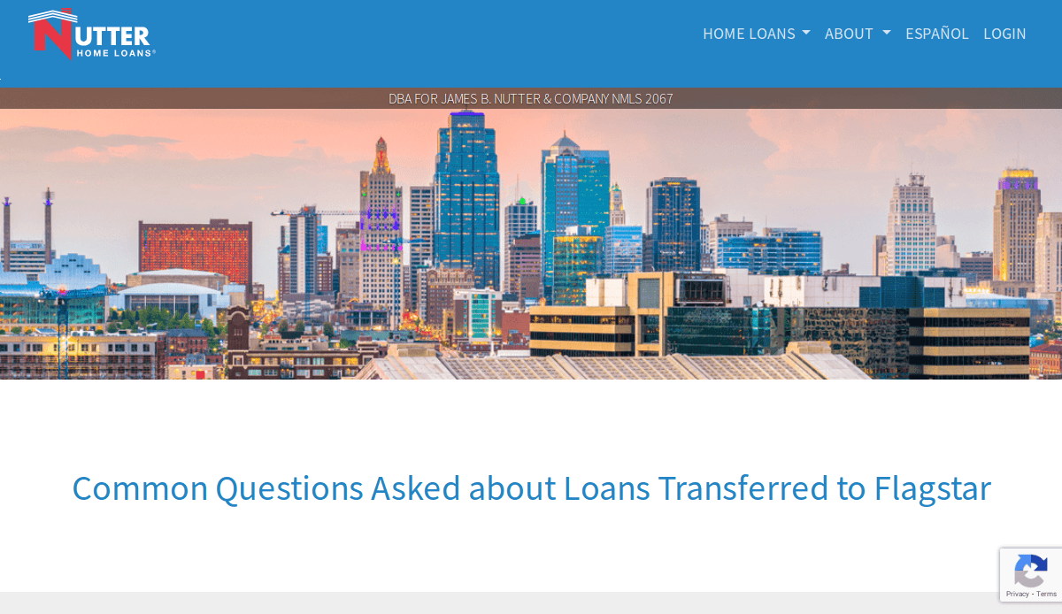 Screenshot of the Nutter Home Loans website showing a city skyline, navigation menu, and the heading “Common Questions Asked about Loans Transferred to Flagstar.”.