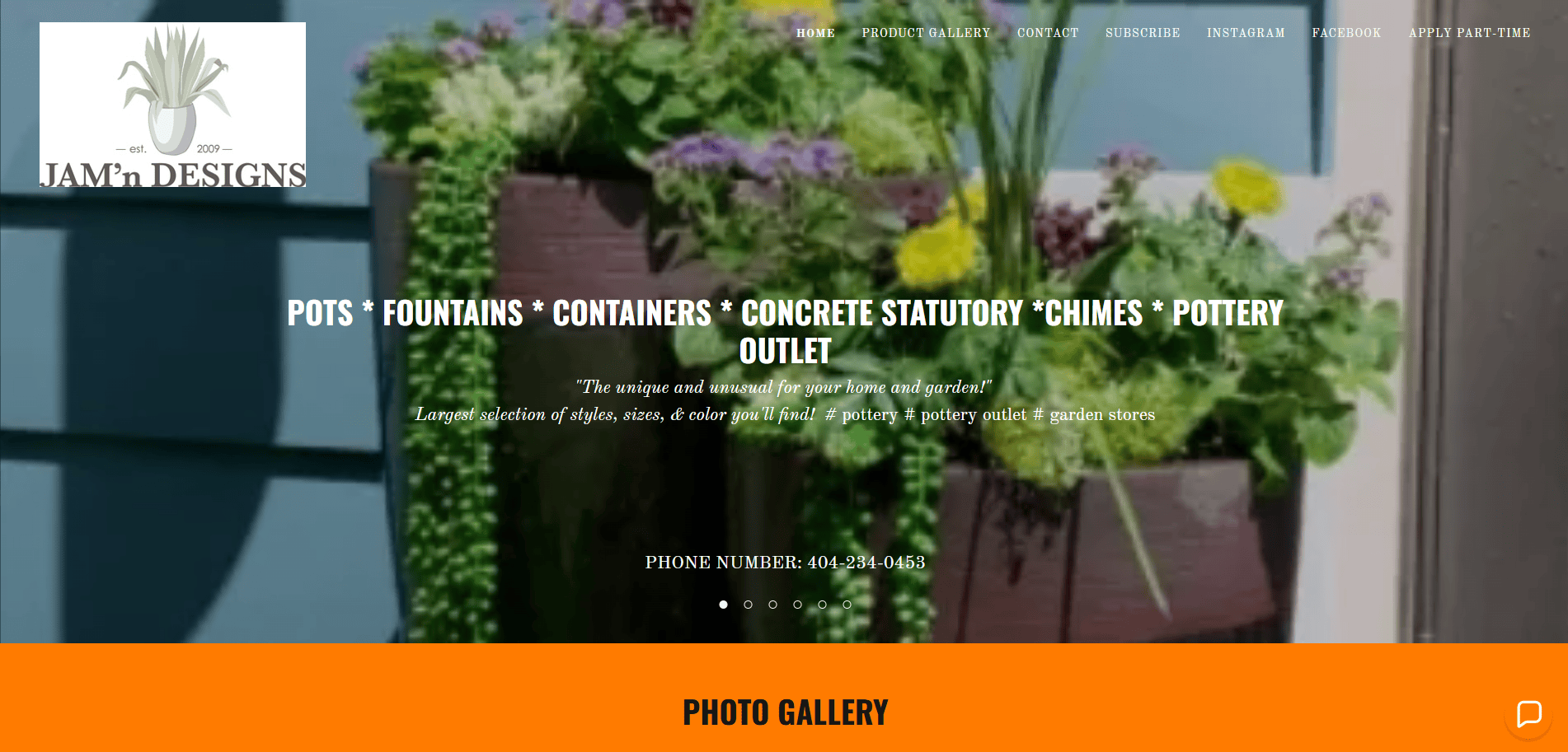 Screenshot of JAMn DESIGNS website homepage, featuring tall brown planters with green plants and white flowers, main menu at the top, and bold white text listing products like pots, fountains, and pottery outlet.