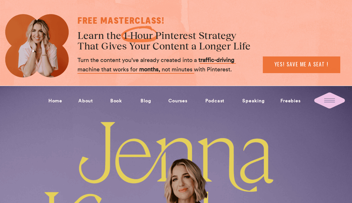 A woman smiles with her hands under her chin next to text promoting a free Pinterest masterclass, offering a strategy for longer-lasting content. A button says, YES! SAVE ME A SEAT! at the top right.