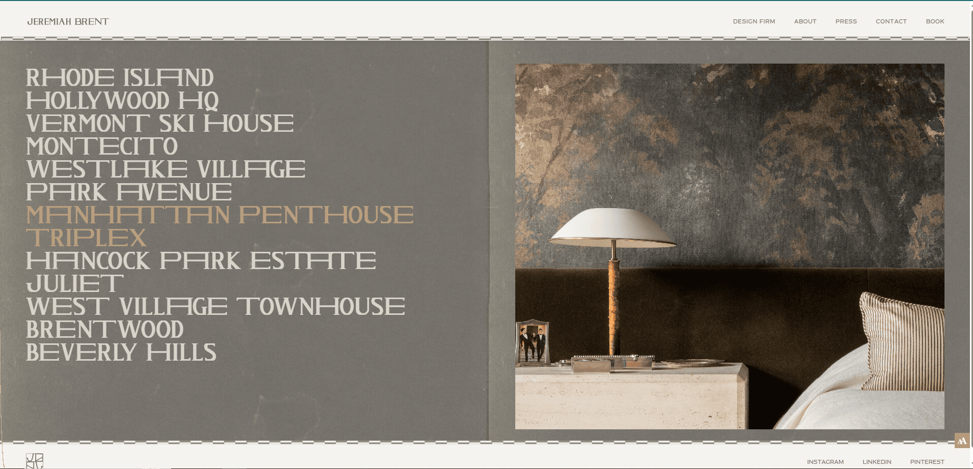 A modern bedroom with a beige bed, brown textured wall, minimalist lamp, and small artwork, next to a list of property names in bold text on the left side of the screen.