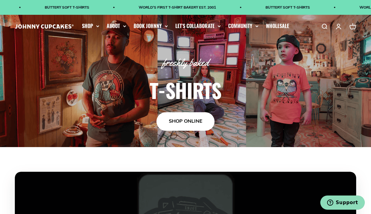 Three people wearing graphic t-shirts stand in colorful, retro-inspired rooms. The website banner features the text “T-SHIRTS” and a “Shop Online” button. The header promotes Johnny Cupcakes, a t-shirt brand.