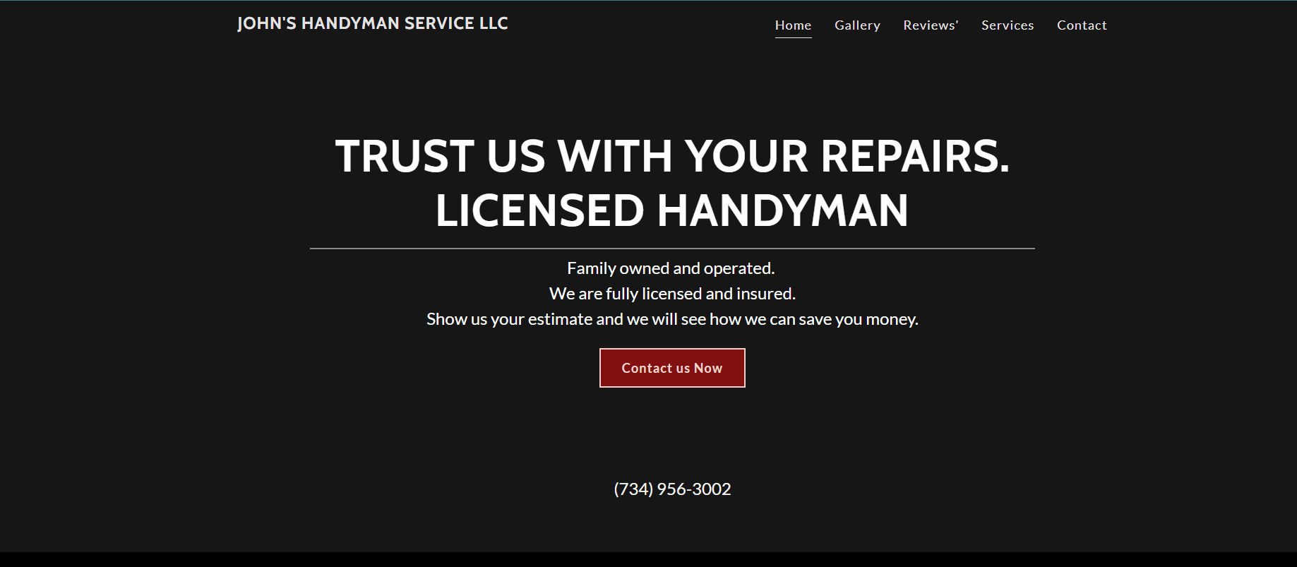 Screenshot of a handyman service website with the text: Trust us with your repairs. Licensed handyman. Family owned and operated. Fully licensed and insured. A red Contact us Now button and phone number are displayed.