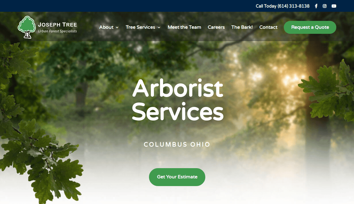 Screenshot of the Joseph Tree website homepage, showing a green forest background with sunlight. Text reads “Arborist Services, Columbus Ohio” and buttons for requesting an estimate and navigating to other sections.