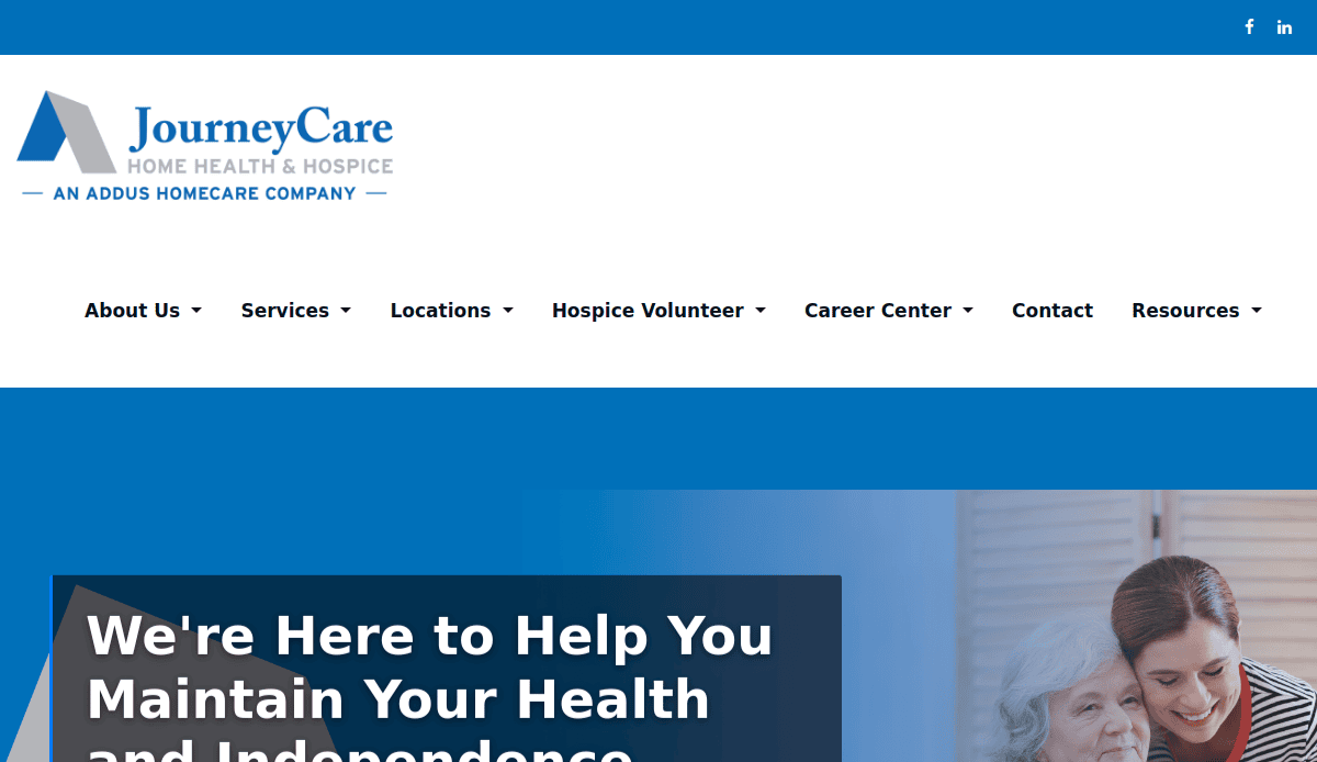 Screenshot of the JourneyCare Home Health & Hospice website homepage, featuring navigation tabs and a banner that reads, Were here to help you maintain your health and independence.