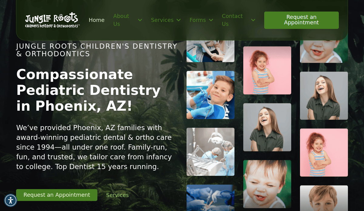Website homepage for Jungle Roots Childrens Dentistry & Orthodontics, featuring smiling children, dental care scenes, and a compassionate message about pediatric dental services in Phoenix, AZ. Green accents and appointment buttons are visible.