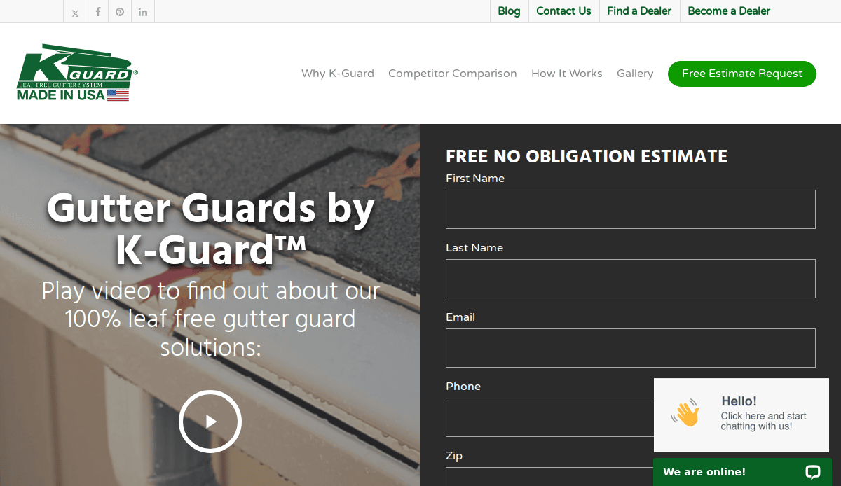 Screenshot of a website promoting K-Guard gutter guards, featuring a house roof with installed gutter guards and a form on the right offering a free no-obligation estimate. A chat box appears in the bottom right corner.