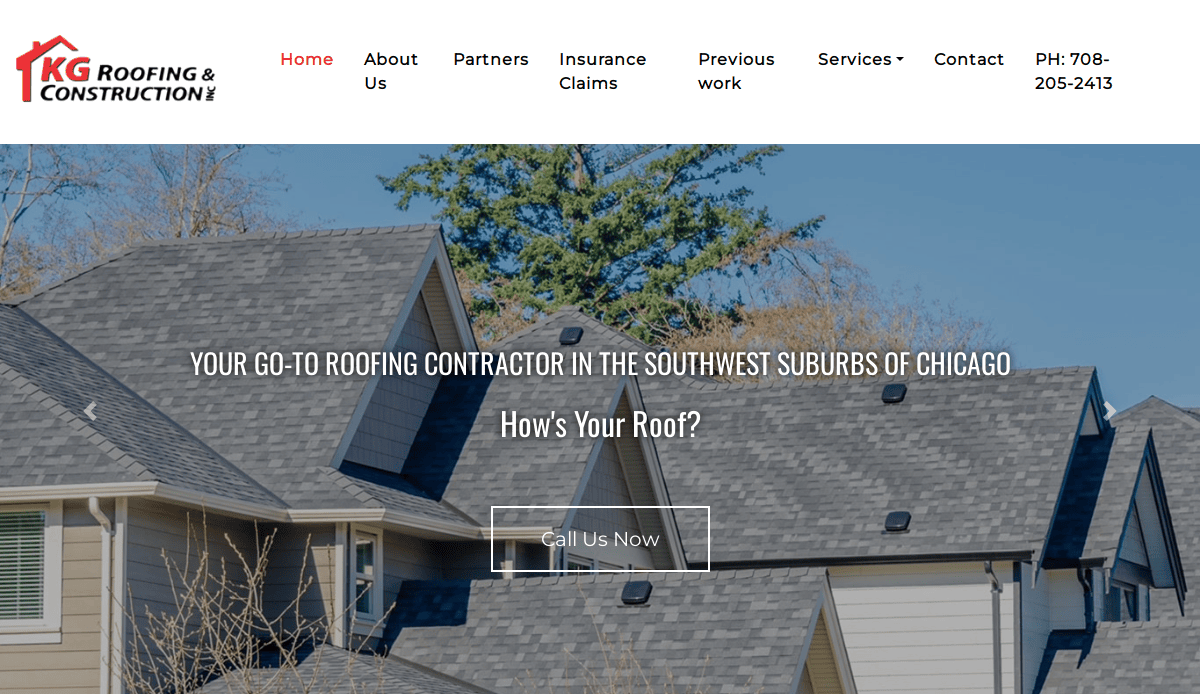 Screenshot of KG Roofing & Construction’s website homepage, showing gray shingle rooftops, navigation menu, contact info, and a headline stating they are a roofing contractor in the southwest suburbs of Chicago.