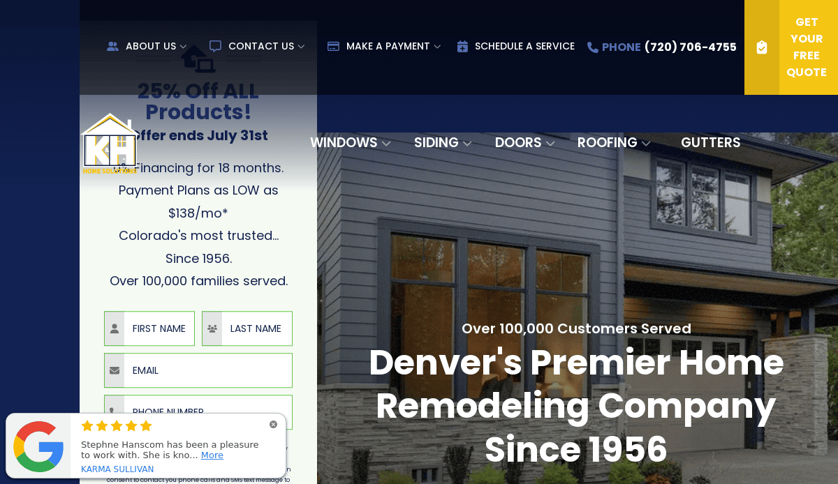 Screenshot of a home remodeling company’s website showing a modern house, company’s phone number, offers—like 25% off all products, flexible payments, and service since 1956—and navigation links for windows, siding, doors, roofing, and gutters.