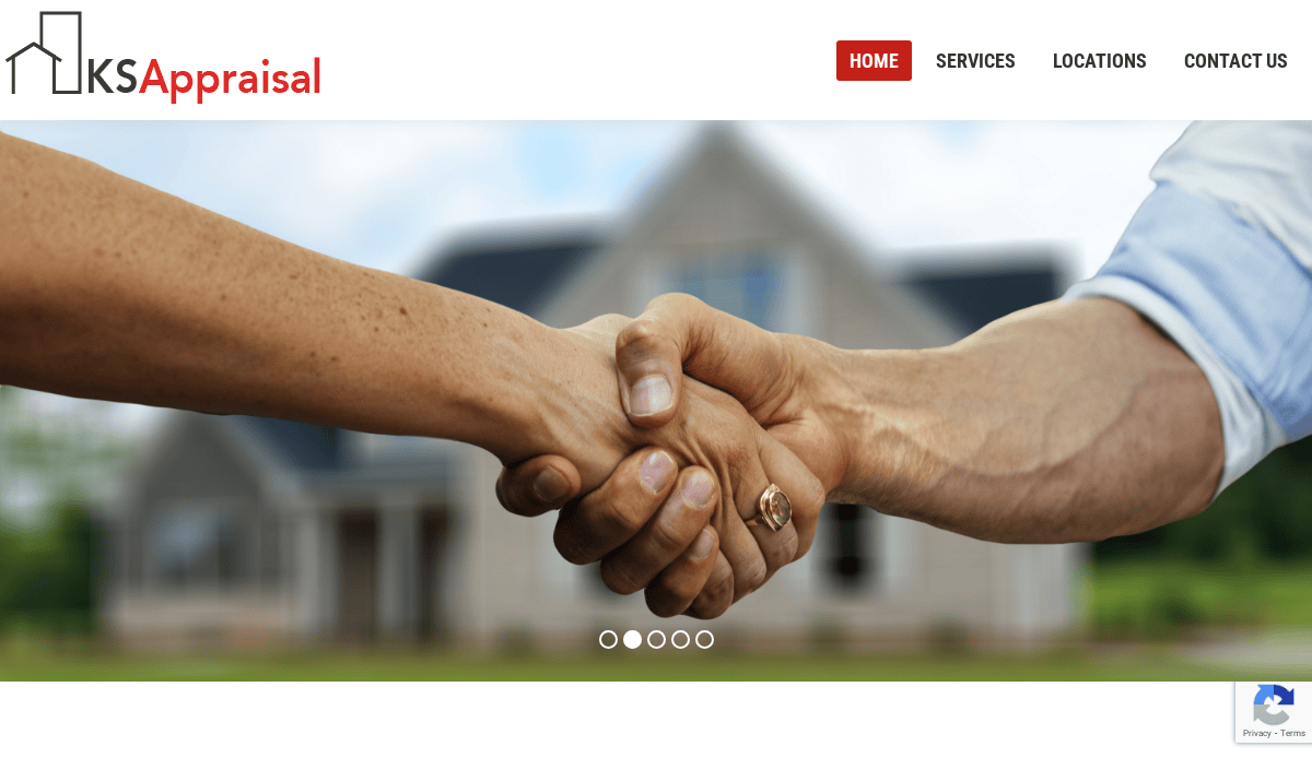 Two people shaking hands in front of a blurred house, with the website header showing LKS Appraisal and navigation links for Home, Services, Locations, and Contact Us.