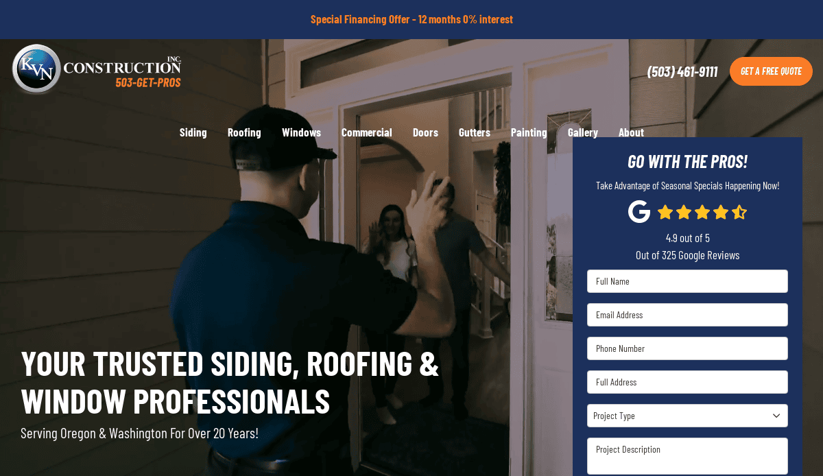 A contractor in a navy uniform enters a home, greeted by a smiling couple. The website promotes siding, roofing, and window services with a contact form and a 5-star Google rating visible on the right.