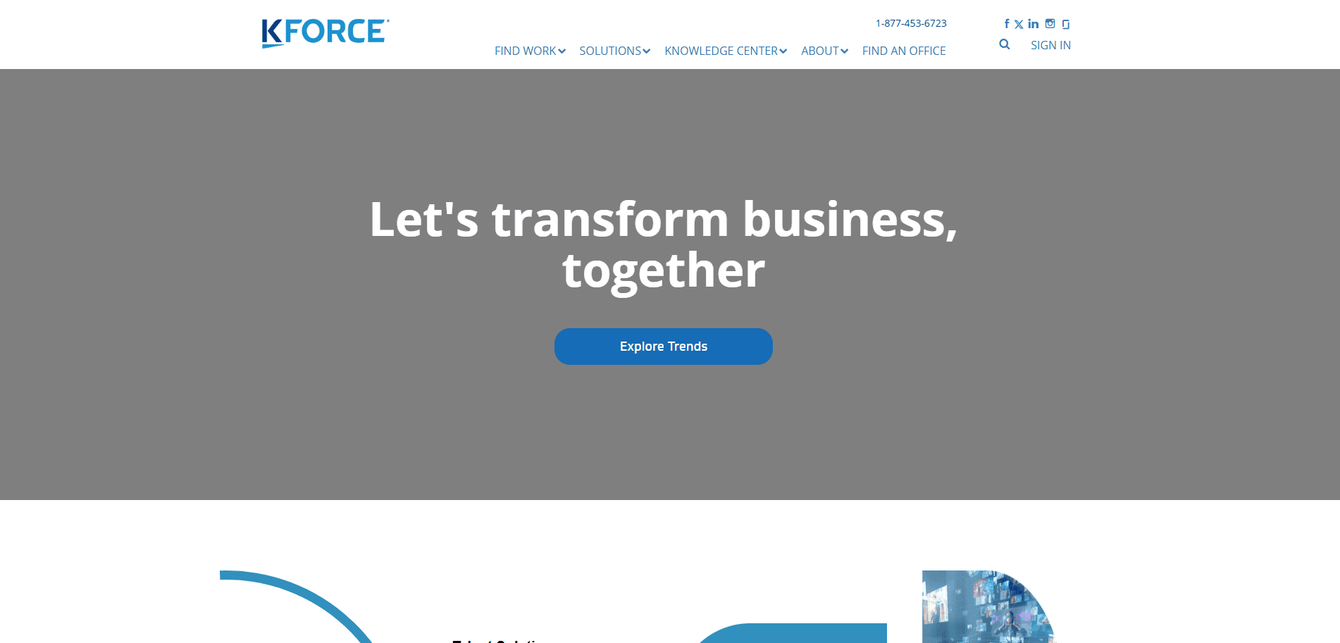 Screenshot of the Kforce website homepage with the message Lets transform business, together in large text and a blue Explore Trends button below, along with navigation links at the top.