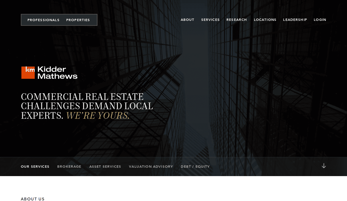 A dark, cityscape website homepage for Kidder Mathews features towering glass buildings and white text: Commercial real estate challenges demand local experts. Were yours. Navigation menus appear at the top.