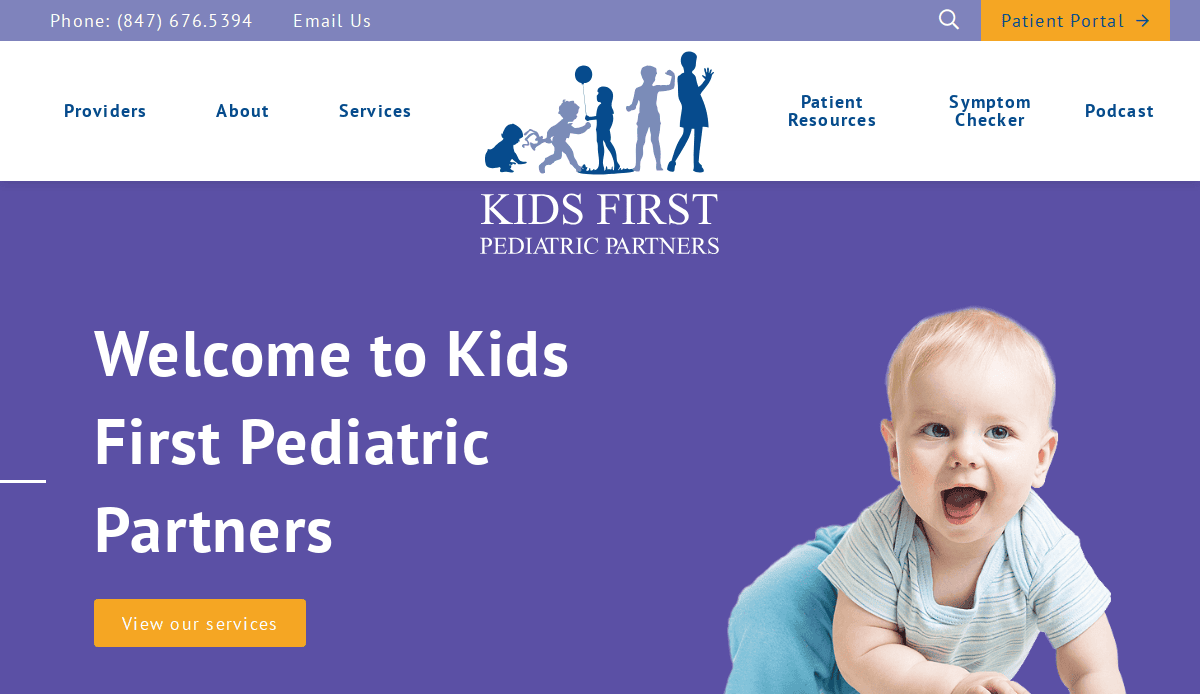 Screenshot of the Kids First Pediatric Partners website homepage, showing the logo, navigation menu, contact info, “Welcome to Kids First Pediatric Partners” text, and a smiling baby sitting in the lower right corner.