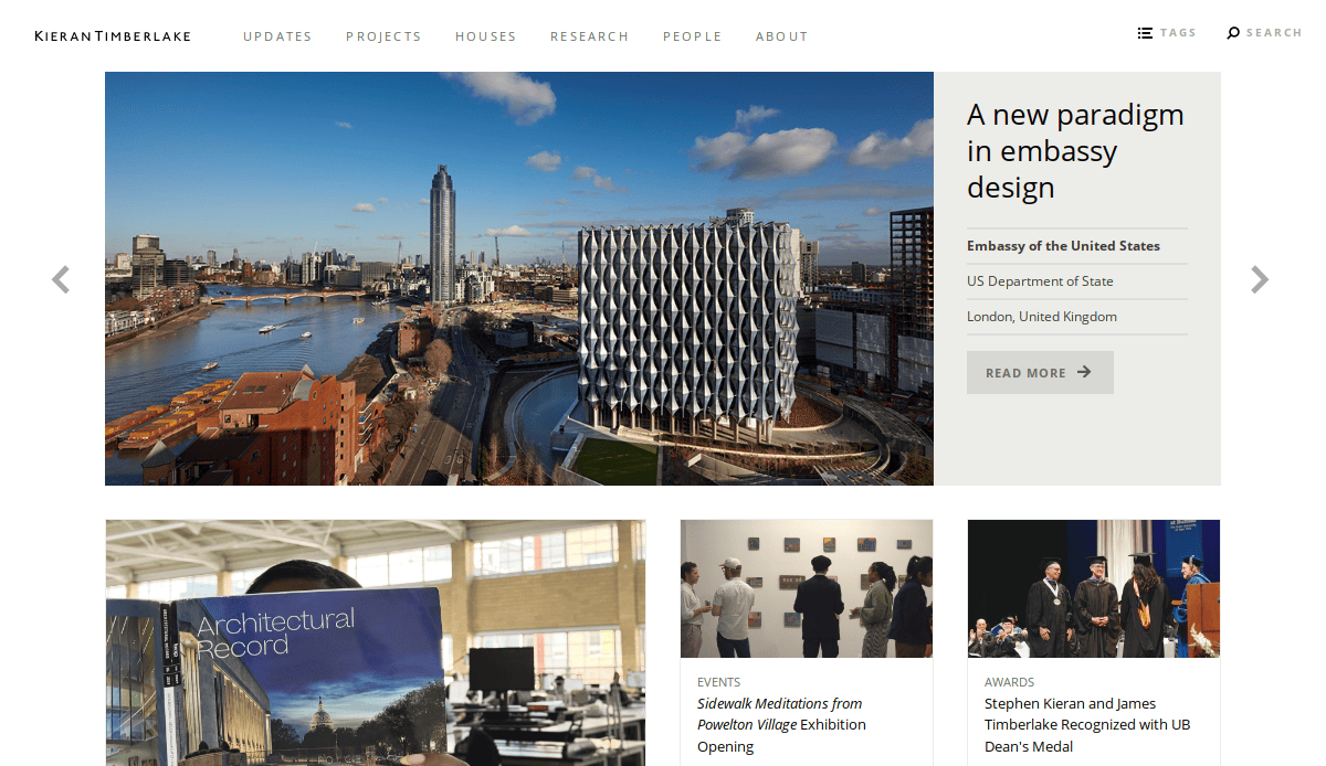 Screenshot of a website showing a modern embassy building in London, a headline about embassy design, and sections for updates, projects, and news, including event photos and an architectural exhibition.