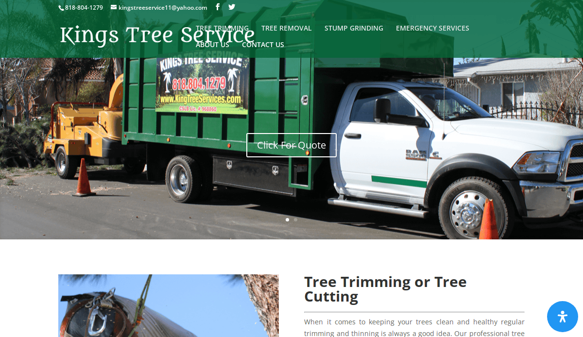 A white truck with a green Kings Tree Service trailer is parked by the curb; a worker is trimming a tree, and cut branches are on the ground. The website menu and contact info are visible at the top.