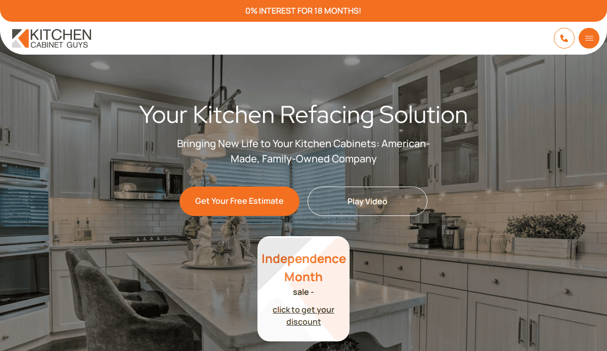 A modern kitchen with white cabinets, subway tile backsplash, stainless steel appliances, and decorative lighting. Text promotes kitchen refacing services, a free estimate, and an Independence Month sale.