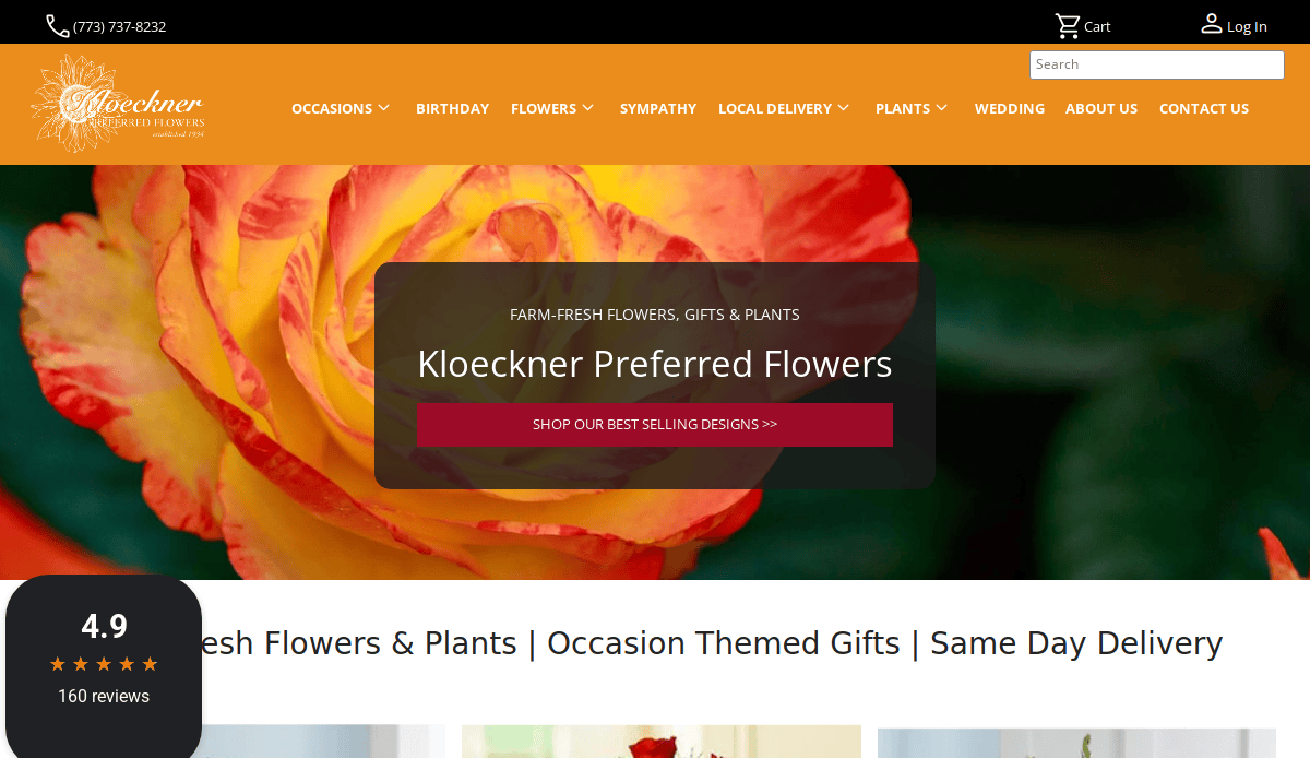 Screenshot of the Kloeckner Preferred Flowers website homepage, featuring a large yellow and orange rose, navigation menu, a 4.9-star rating, and a button to shop best-selling designs.