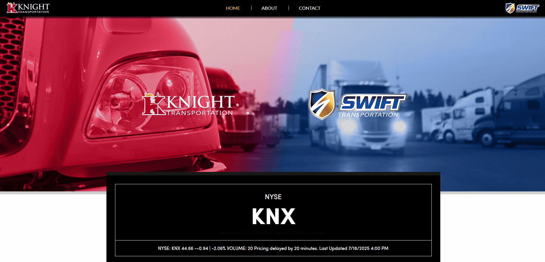 Homepage image showing close-up of a red Knight Transportation truck on the left and blue Swift Transportation trucks on the right, with company logos and NYSE stock ticker KNX displayed below.