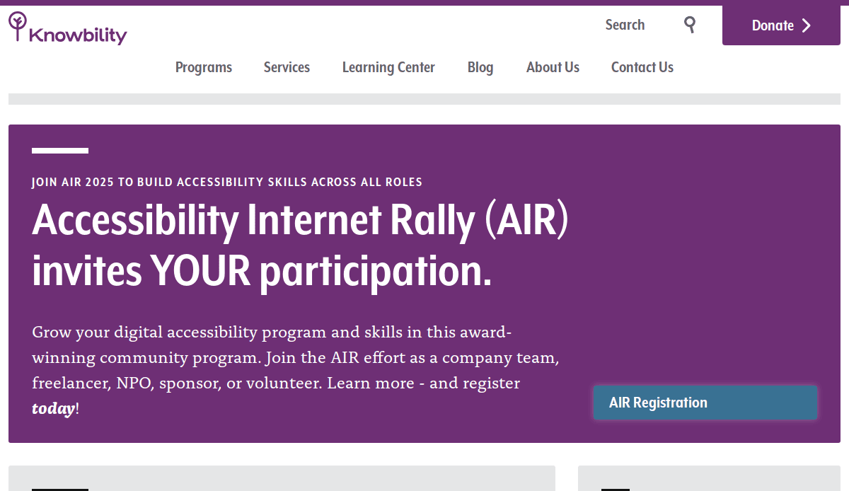 Screenshot of Knowbilitys website promoting the Accessibility Internet Rally (AIR) event, inviting participation and registration. The page features a purple banner with white text and a blue “AIR Registration” button.