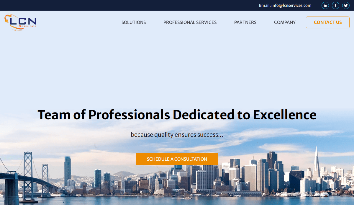 Screenshot of the LCN Services website homepage showing a city skyline, navigation menu, contact info, and the headline Team of Professionals Dedicated to Excellence with a Schedule a Consultation button.