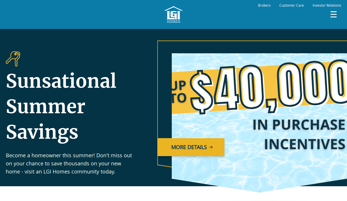 Website banner for LGI Homes shows a promotion titled “Sunsational Summer Savings,” offering up to $40,000 in purchase incentives on new homes. There is a pool water background and a “More Details” button.