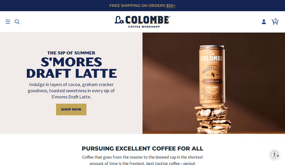 Homepage of La Colombe Coffee featuring a can of Smores Draft Latte balanced on a stack of smores, with descriptive text and a Shop Now button promoting the seasonal drink.