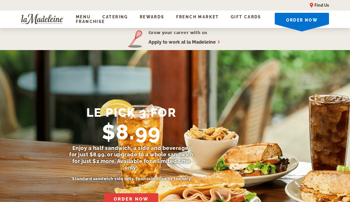 A restaurant table with a sandwich, salad, chips, and a drink, advertising Le Pick 3 for $8.99 at la Madeleine. The offer includes a half sandwich, a side, and a beverage.