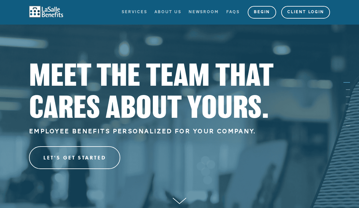 Website homepage for LaSalle Benefits featuring a blurred office background, company logo, navigation menu, and bold white text reading, Meet the team that cares about yours. Employee benefits personalized for your company.