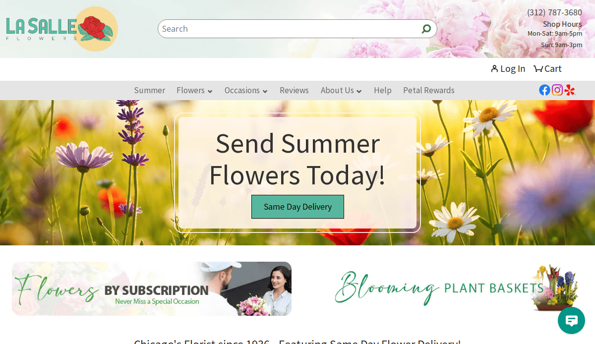 Screenshot of La Salle Flowers website homepage showing a banner with wildflowers, text “Send Summer Flowers Today! Same Day Delivery,” navigation menu, shop hours, and flower subscription and plant basket promotions.