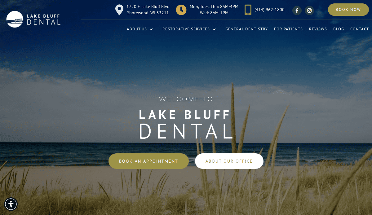 A dental clinic website homepage shows a beach scene with grass and water, the Lake Bluff Dental logo, contact info, and buttons for booking an appointment or learning about the office.