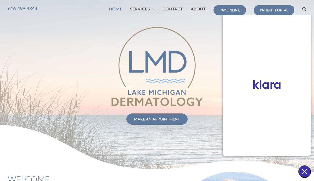 Screenshot of the Lake Michigan Dermatology website homepage with the clinic’s logo, a Make an Appointment button, and a pop-up window displaying the word klara on the right side.
