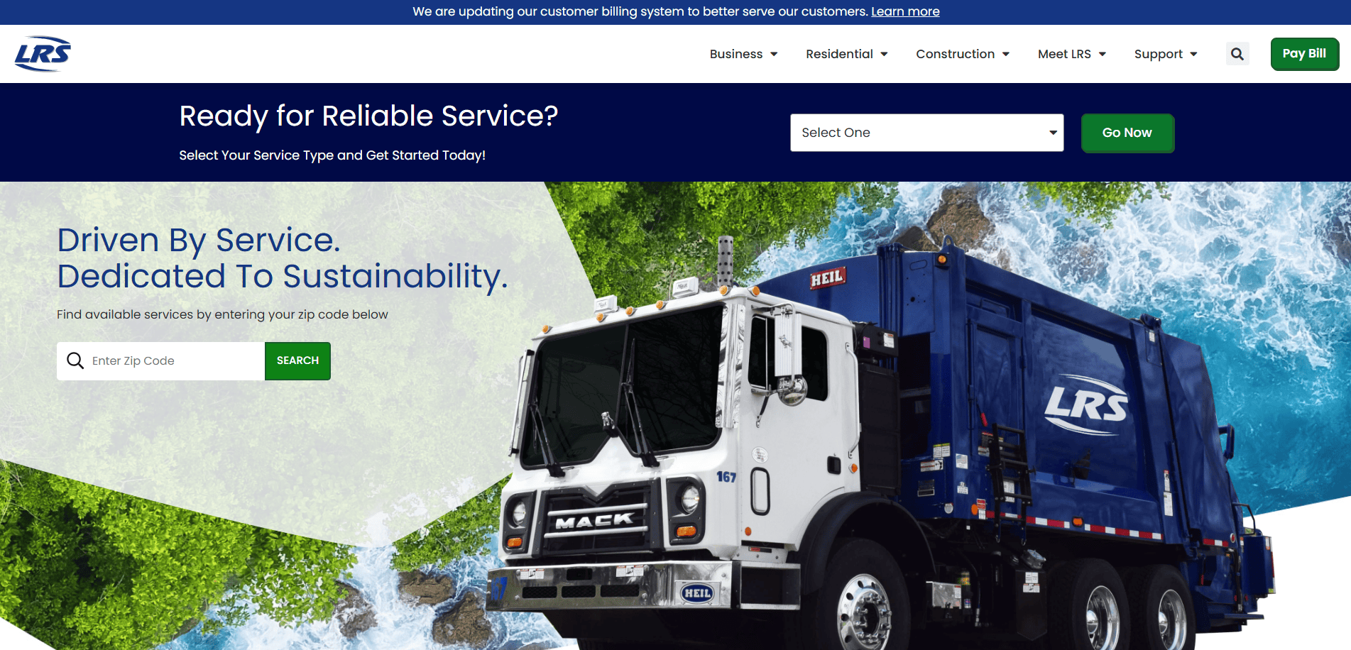 A white and blue LRS garbage truck is parked in front of greenery and a river on the LRS website homepage, which features service search options and a navigation bar at the top.