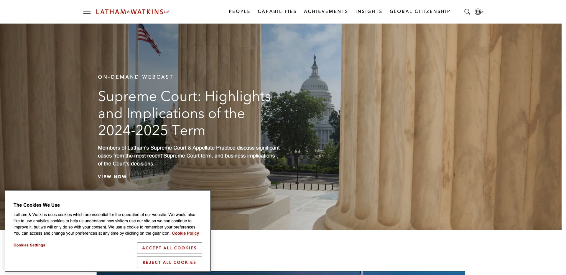 View between marble columns toward the U.S. Capitol building under a cloudy sky. Text promotes a webcast on Supreme Court highlights for 2024-2025. A cookie consent popup appears at the bottom left.