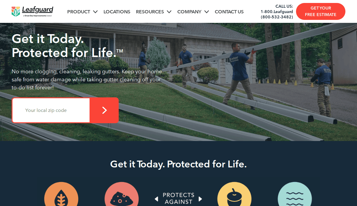 Four workers in blue shirts carry long white gutters in front of a house with a garage, promoting Leafguard gutter services. A search bar prompts users to enter their zip code to get a free estimate.