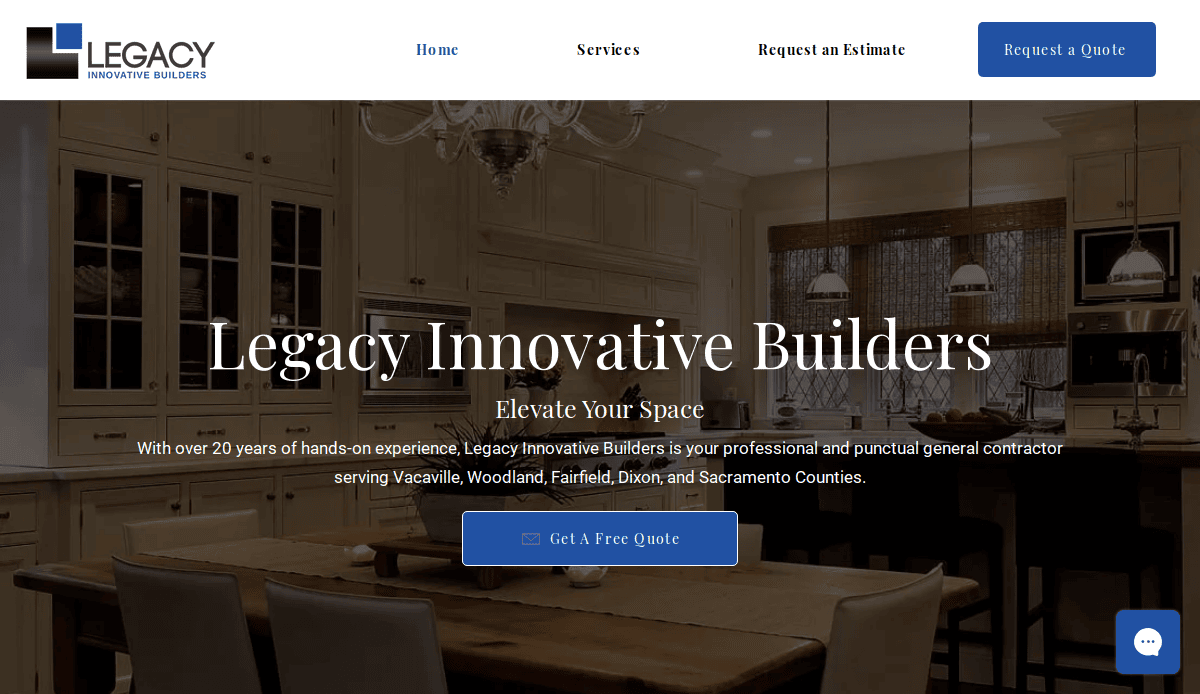 Screenshot of Legacy Innovative Builders’ website homepage showing a kitchen background, company logo, navigation menu, headline “Elevate Your Space,” and a blue “Get a Free Quote” button.