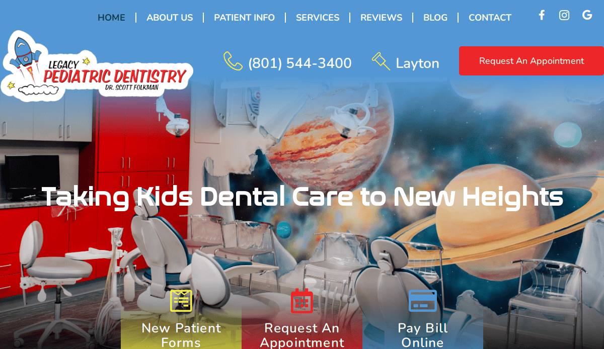 Pediatric dental office website homepage with a space-themed mural featuring planets, colorful cabinets, dental chairs, and menu options for new patients, appointments, and bill payment. The logo reads Legacy Pediatric Dentistry.