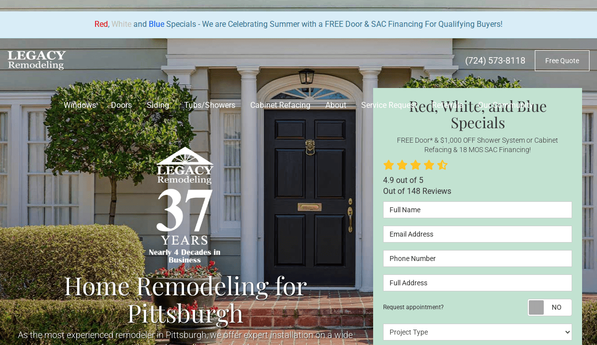 A website homepage for Legacy Remodeling shows a classic home entrance with two potted plants, a black door, and white columns. Text highlights “Red, White, and Blue Specials” and promotes 37 years in business and a free quote.