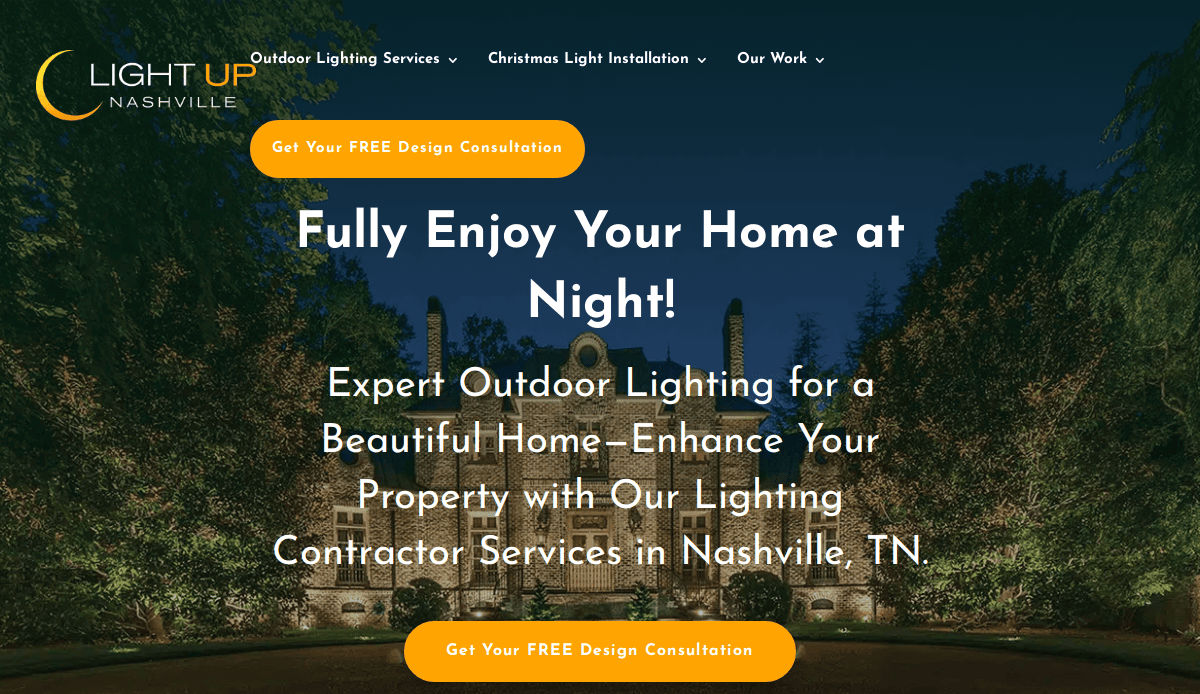 A well-lit house at night is surrounded by trees. Text advertises Light Up Nashville, offering outdoor lighting services and free design consultations for homes in Nashville, TN.