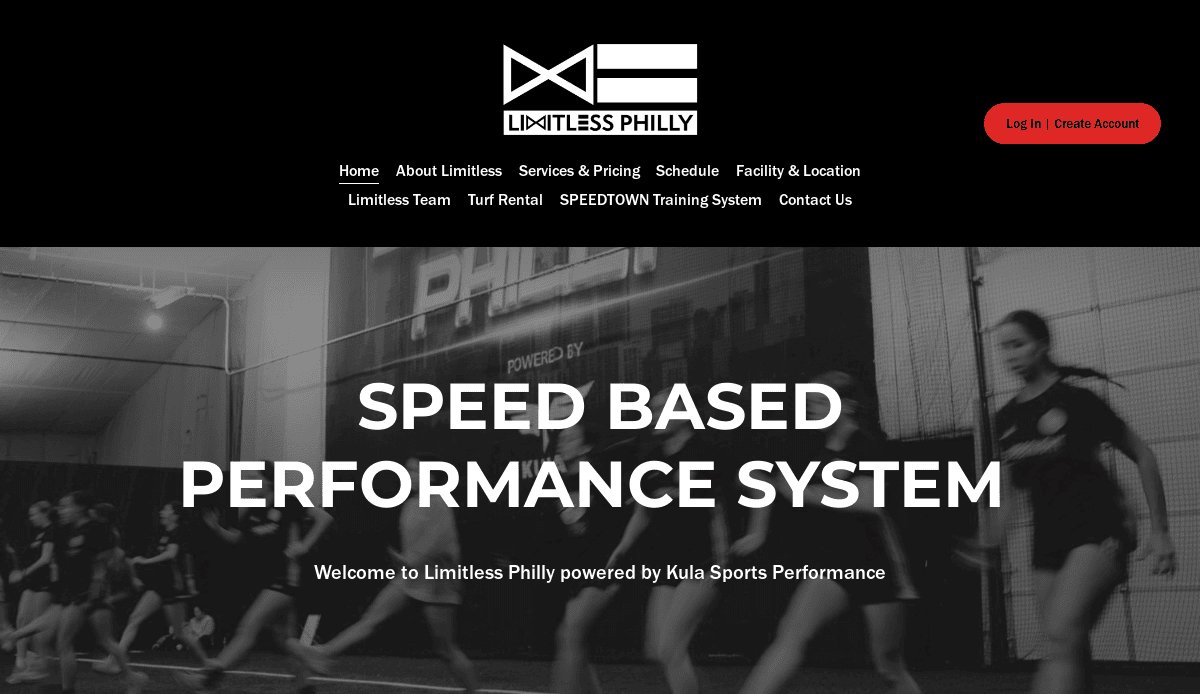 Screenshot of the Limitless Philly website homepage featuring a black and white image of athletes running indoors, with Speed Based Performance System written boldly in the center.
