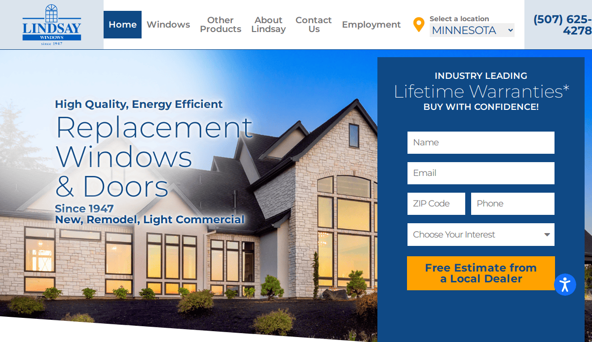 A website homepage for Lindsay Windows showing a modern house with large windows. There is a form for a free local dealer estimate and text promoting energy-efficient replacement windows and doors with lifetime warranties.