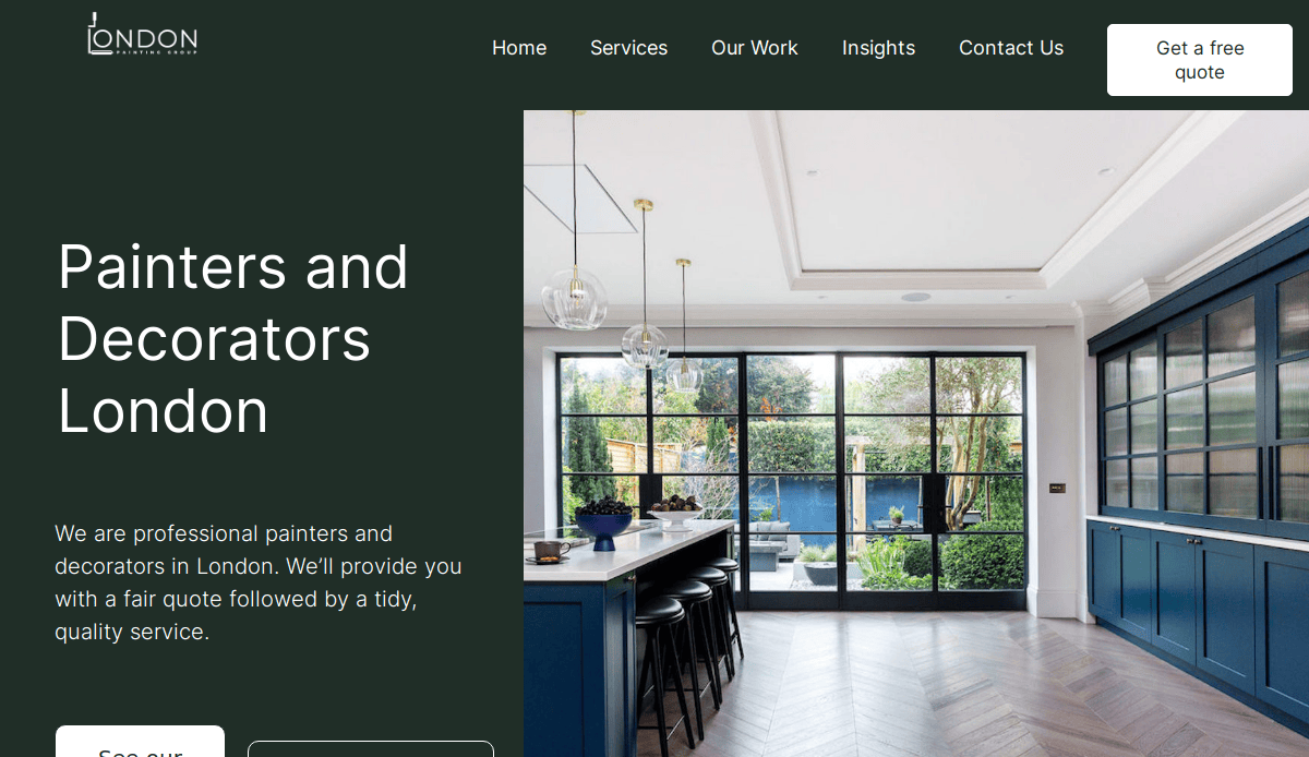 Website homepage for a London painting and decorating service, featuring a modern kitchen with large windows, dark cabinets, and herringbone wood flooring. Text promotes professional painting and decorating in London.